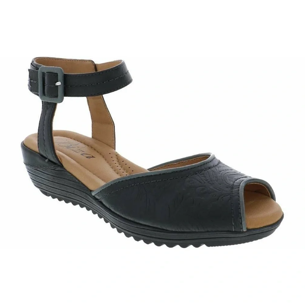 Biza Addison Wedge Sandals 10 Black Leather Embossed Floral Ankle Strap Peep Toe